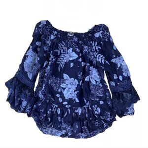 Le Marais Silk Blouse Blue Off-The-Shoulder Tunic Top Ruffles Lace Designer